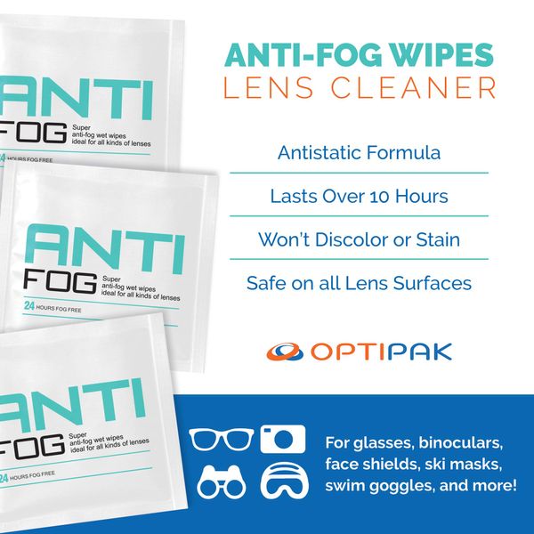 OPTIPAK Anti-Fog Lens Wipes Pre-moistened Wipes Glasses Cleaner, Cleaning Wipes for Binoculars, Face Shields, Ski Masks or Swim Goggles, Prevents Fogging on Eyeglasses, Mirrors, Lenses & Windows