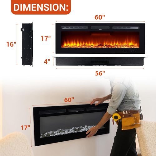 60" Electric Fireplace Wall Mounted Fireplace Heater 12 Flame Colors & 5 Speeds