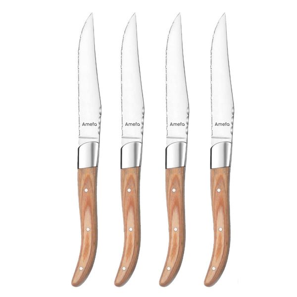 Amefa Royal Steak Steak Knife Set 4-Piece Pakka Wooden Handle Knife with Micro-Serrated Blade Knife for Steak, Meat and Pizza Steak Knife