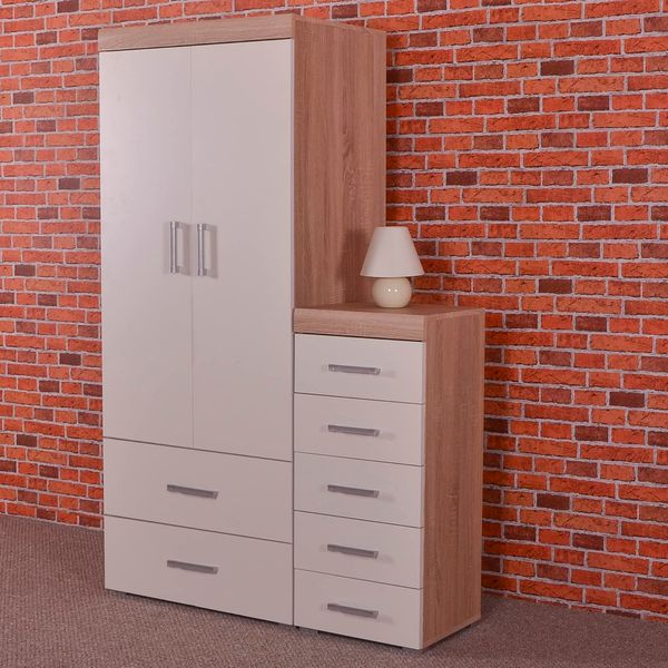 DRP Trading 2 Door Wardrobe & 5 Drawer Tall Boy Chest in White & Sonoma Oak Bedroom Furniture Set