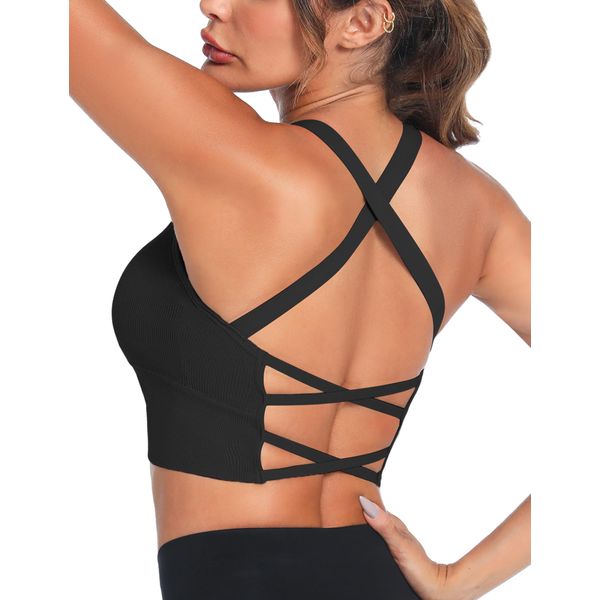 Crewhpo Sport BH Damen Ohne Bügel Gepolstert Bustier für Frauen Push up Sports Bra Cross Back Mit Polstern Nahtlose Sport-BHS für Yoga Fitness Pilates Gym S-XL