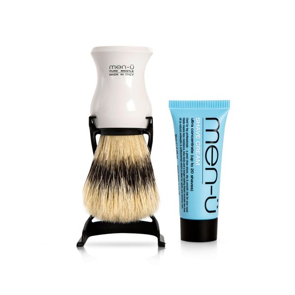 men-u BARBIERE PURE BRISTLE (WHITE) SHAVING BRUSH – Traditional shaving brush set from Italy w/ pure bristles. A great introductory shaving brush. Includes 15ml SHAVE CREAM tube.