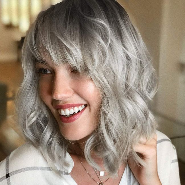 PORSMEER Short Pastel Wavy Bob Ombre Silver Wig with Fringe Natural Looking Synthetic Hair Grey Wigs for Women Girls Party Or Daily Wear