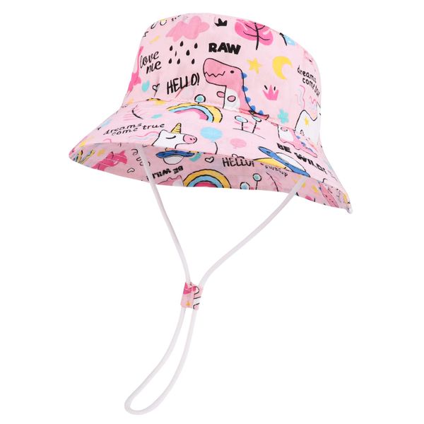 JUPSK Children Beach Hat, Unisex Kid Summer Hat Bucket Hat Wide Brim Sun Protection Hat Foldable Kids Sun Hat with Dinosaur Unicorn Pattern Pink