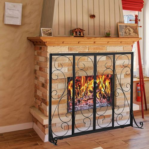 Sliding Door Fireplace Screen, Wrought Iron Mesh Spark Guard Protector for Ba...