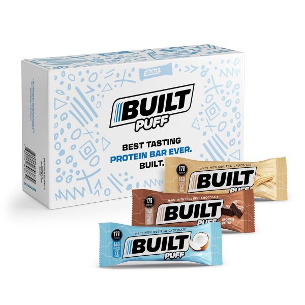 Built Bar Built Bar Built Protein Bar 12 Brownie Batter Puffs Snack with 17g of high protein Collagen Chocolate Gluten Free 140 calories 6g of sugar Perfect on the go