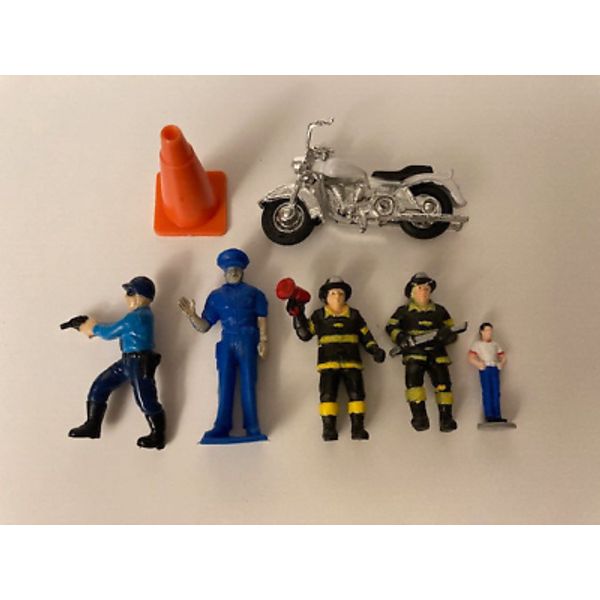 7 Piece Lot Toy Figures Police Firefighters Motorcycle Traffic Cone