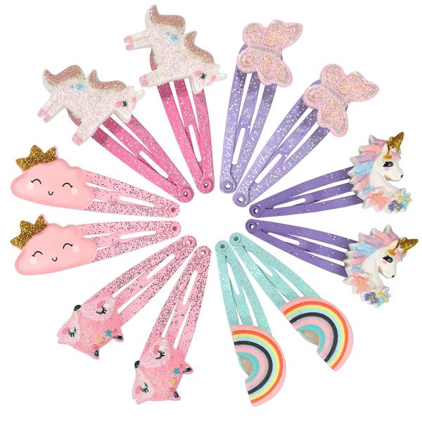 PinkSheep Unicorn Hair Clips Barrettes for Girls, 6 Pairs/12 Pack Fox Rainbow Cloud Shaped Hair Pins, Cute Hair Clips Metal Snap Barrettes Sparkly Hair Accessories For Baby Girls Teens Toddlers