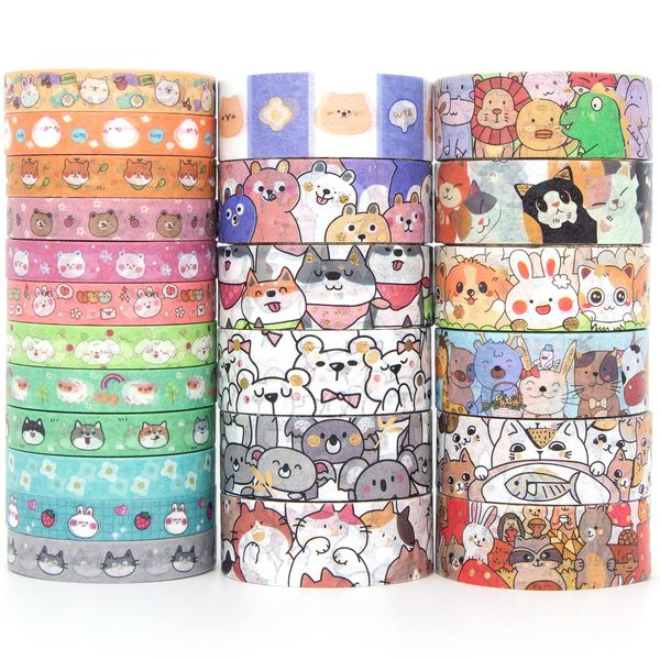 Voolcaoo Cute Washi Tape Set - 24 Rolls Kawaii Animals Gold Foli Decorative Masking Tape for Scrapbooking, Kids DIY Crafts, Art, Wrapping(Dog & Cat), Planners