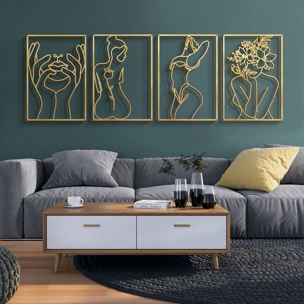 Glamativity 4 Pack Gold Wall Art Décor, Minimalist Décor Single Line A