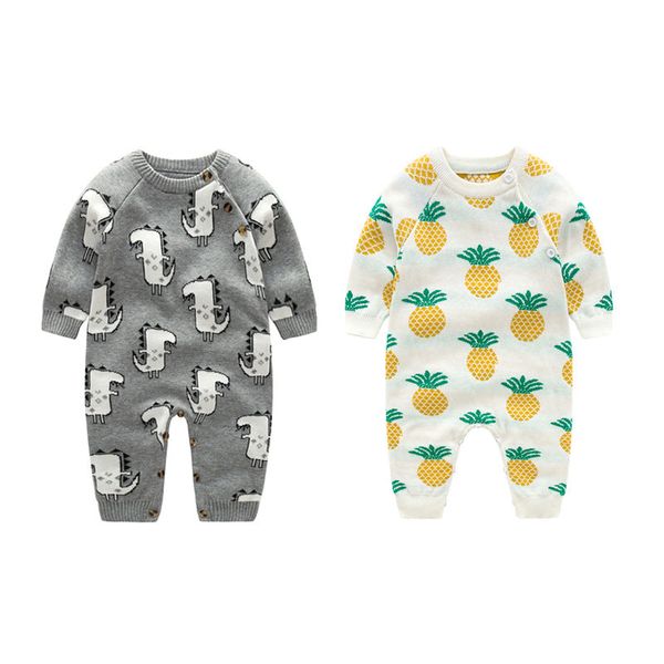 Baby Dinosaur & Pineapple Pattern Shoulder Button Design Knitting Romper Jumpsuit - 66 (3-6M) / Grey