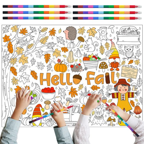 Giant Fall Coloring Poster with 6 Stacking Crayons, Pumpkin Maple Leaf Thanksgiving Party Favor Set Jumbo Wall Art Large Coloring Poster Banner for Home School Classroom Supplies, 43x 31Inch (Fall)