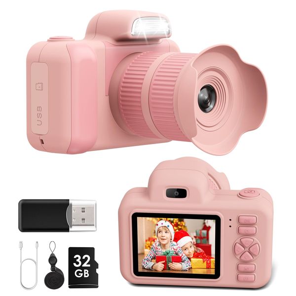 Kids Camera, Christmas Birthday Gift for Boys Girls Age 3-12, Digital Cameras with Flash for 3 4 5 6 7 8 9 Year Old Boys Girls 2 Inch Screen Selfie Camcorder HD 1080P Video 32GB Pink