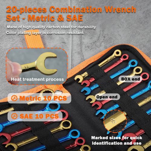 LEONTOOL Small Combination Wrench Sets Metric and Standard 20 PCS 4-11mm & 5/32" to 7/16" Color Plated Open and Box End Mini Wrenches with Key Ring Ignition Wrench Set with Zipper Bag