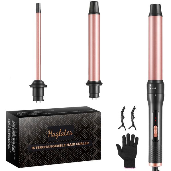 Haglater Lockenstab 3 in 1 Multifunktions Austauschbare Keramikbeschichtung Curling Iron, Lockenstäbe mit Verschiedenen Aufsätzen Große und Kleine Locken, Welleneisen für Beach Waves