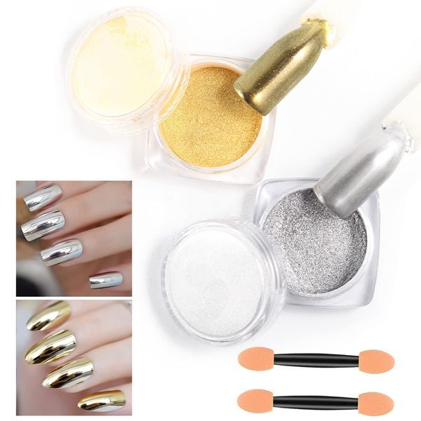 Fusang 2Pcs Gold Silver Chrome Nail Powder,Highlight Metallic Pigmented Chrome Powder with Sponge Applicators Durable Long Lasting Smooth Glitter Nail Powder Art Mirror Effect