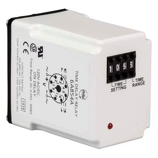Time Delay Relay, 120VAC/DC, 10A, DPDT, LED, Mfr: 6A854-A