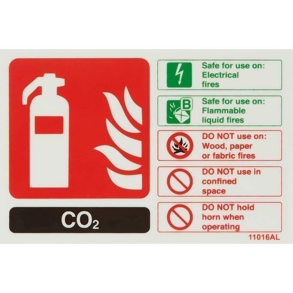 V Safety 11016AL-G Glow In The Dark Co2 Id Fire Extinguisher Sign - 150mm x 100mm - Rigid Plastic, Black/Green/Red