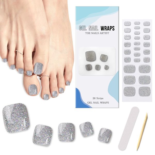 26Pcs Semi Cured Gel Nail Strips Pedicure Stickers, Sliver Glistening Toe Nail Polish Wraps, Long Lasting Salon Quality Gel Toeail Strips with Prep Pads, Nail File & Wood Stick, UV/LED Lamp Required