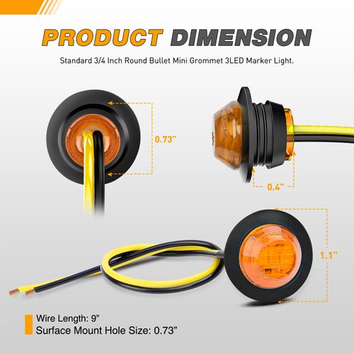 GOOACC 3/4 Inch Bullet Side Marker Light 10PCS Amber Round Clearance LED Front Rear Side Marker Indicator Light for Trailer Van Caravan Boat Truck RV Car Bus