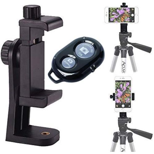 Universal Phone Tripod Mount Adapter with Ｗireless Camera Remote, Cell Phone Holder with Adjustable Clamp for Selfie Stick Monopod Compatible with iPhone, Samsung
