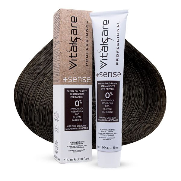 Vitalcare | +Sense Professional Permanent Hair Colour, Cream Hair Colour, No Ammonia, Resorcinol, PPD, Silicones - with Argan Oil, Macadamia and Avocado, 3/00 Dark Brown, 100 ml