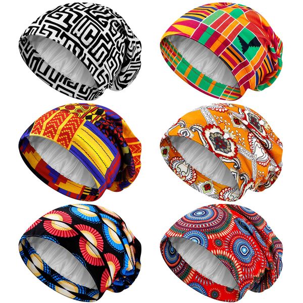 6 Pieces Satin Lined Sleep Cap for Women African Silk Bonnet Beanie for Sleeping Hair Natural Curly Hat (Bright Patterns)