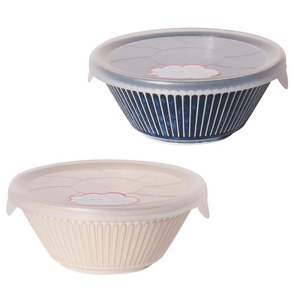 Minoru Pottery Mino Ware Albee 105 Pack Bowl, Set of 2 Colors (Navy & Beige), Lid Included