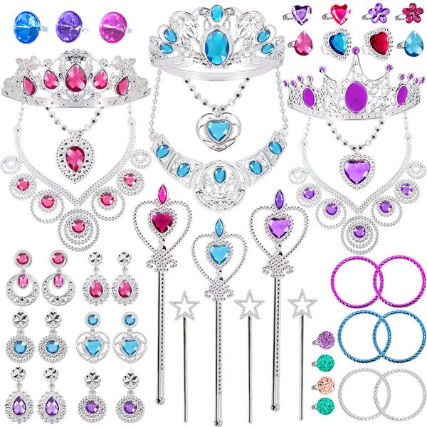 Princess Pretend Jewelry Toy 48 Pcs Jewelry Dress Up Play Set for Girls Included Tiaras Necklaces Wands Rings Earrings and Bracelets, Kids Play Jewelry Set for Girls