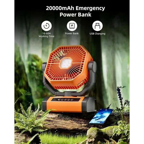 Camping Fan with LED Light, Rechargeable Battery Operated Fan