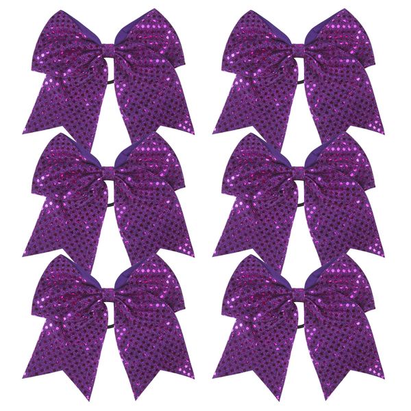 8 Inch Cheer Bows Cheerleader Ponytail Holder with Bling Fling Sequin Hair Tie Cheerleading Bows 6 Pcs (Purple)