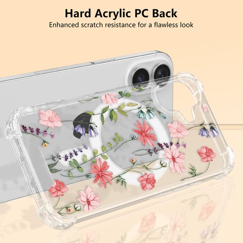 DEFBSC Magnetic Case for iPhone 16 Work with Magsafe, Clear Floral Flower Pattern Print Design Flexible Acrylic Shockproof Cover for Women Girls, Flower Protective Phone Case, Pink Cosmos