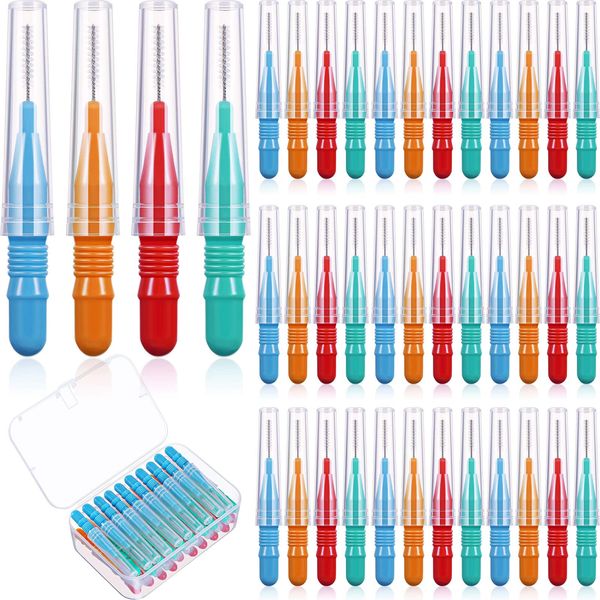 Interdental Brush Toothpick Dental Tooth Flossing Head Dental Brush Oral Dental Flosser Toothpick Cleaners Tooth Cleaning Tool with Storage Box, Red, Blue, Green, Orange (40)