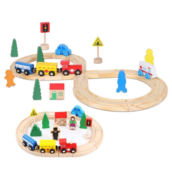 Wooden Train Tracks Toys for Toddler, 33 Pieces Magnetic Train with Wooden Tracks Fits for Thomas, Brio, Chuggington, Melissa and Doug, Wooden Rail Set Train Toy gifts for 3 4 5 Years Old Girls & Boys