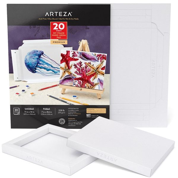 ARTEZA Mixed Media Paper Foldable Canvas Pad, 7x8.6 Inches, 20 Sheets, DIY Frame