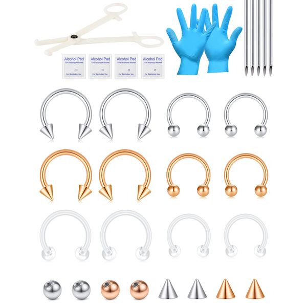 JIESIBAO Septum Piercing Kit,16G Stainless Steel Nose Septum Retainer Rings 14G Piercing Needles Kit Horseshoe Cartilage Helix Tragus Earring Hoop Eyebrow Retainer 10mm 12mm