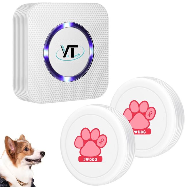 YisTech Dog Bell for Door Potty Training Wireless Dog Door Bell with Waterproof Touch Button Doggie Bells for Dogs to Ring to Go Outside (Old Two Button One Receiver)