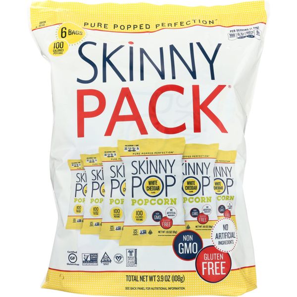 SkinnyPop White Cheddar Popcorn, Skinny Pack, Gluten Free, Non-GMO, Healthy Popcorn Snacks, Skinny Pop, 0.65 oz Individual Snack Size Bags, 10 Packs (6 Bags per Pack)