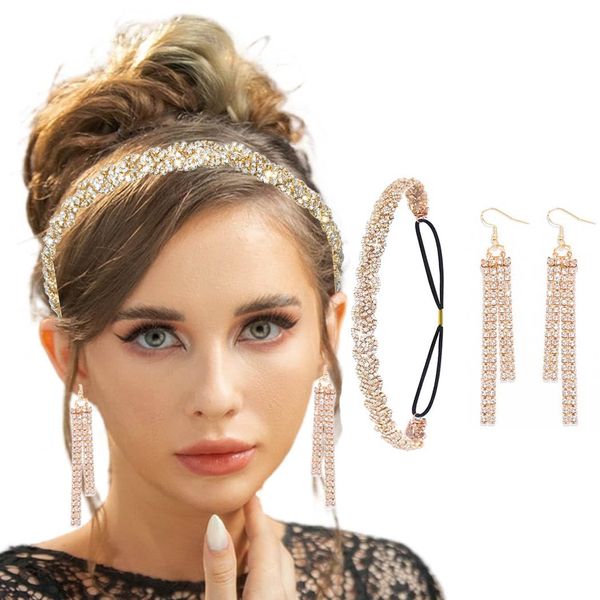 Barode Braided Rhinestones Headband Earrings Gold Crystal Hairbands Eardrop Sparkle Head Chain Tassel Jewelry Set for Women (White, Free Size)