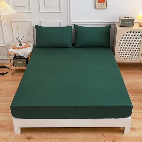 Solid color Fitted Sheets 100% Polyester Bedding Sheets, Chickwin Double King Single Size Bed for Deep Pocket 27cm - Shrinkage Fade Resistant Easy Care (dark green,150x200x27cm)