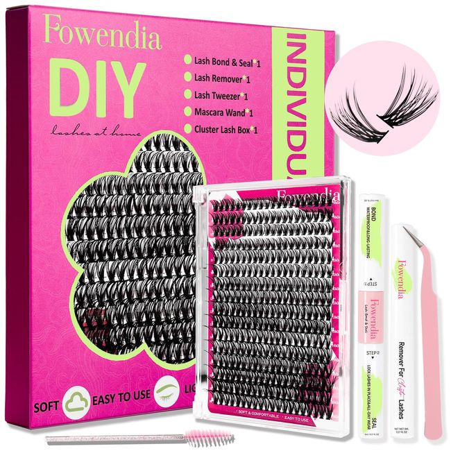 Fowendia Lash Extension Kit 320pcs Lash Clusters DIY Eyelash Extension Kit with 9-16mm 40D Individual Lashes D Curl Lash Bond & Seal and Remover Lash Applicator for Eyelash Extensions Beginners