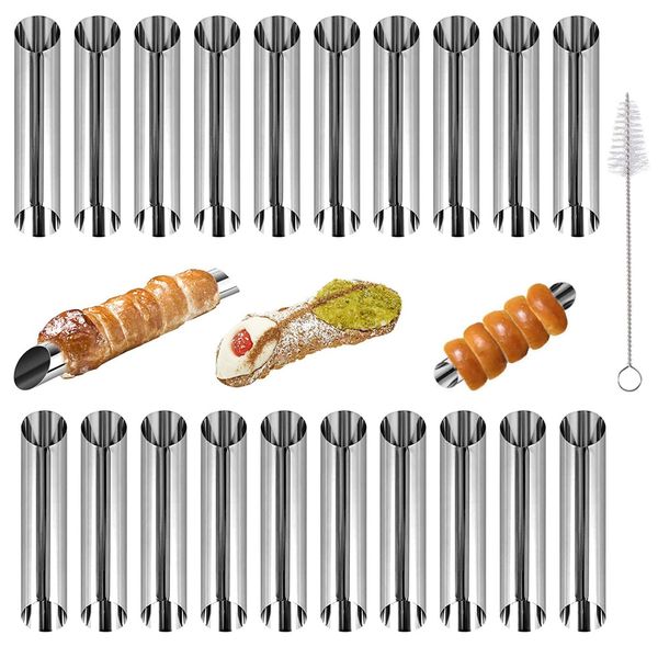 20 Pcs Cannoli Tube Stainless Steel Screw Croissant Mold Cannoli Moulds Non-Stick Cream Roll Mold Pastry Roll Horn Tube with Cleaning Tube Brush