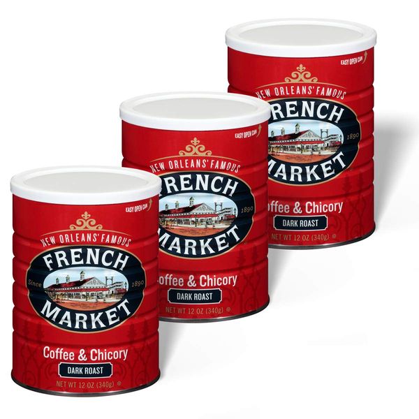 French Market Coffee & Chicory Dark Roast Ground Coffee, 12oz Can (Pack of 3)