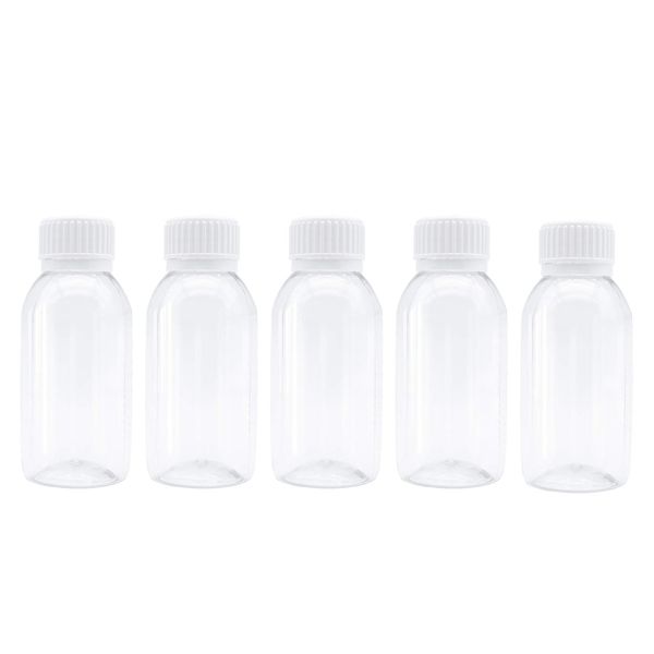 TRENDBOX Pack of 5-100ml Clear Empty PET Mini Storage 100ml/100g/100cc Bottles Hard Plastic Durable Turn Screw Cover Cap Round Filling Liquid Rhinestones Water Container