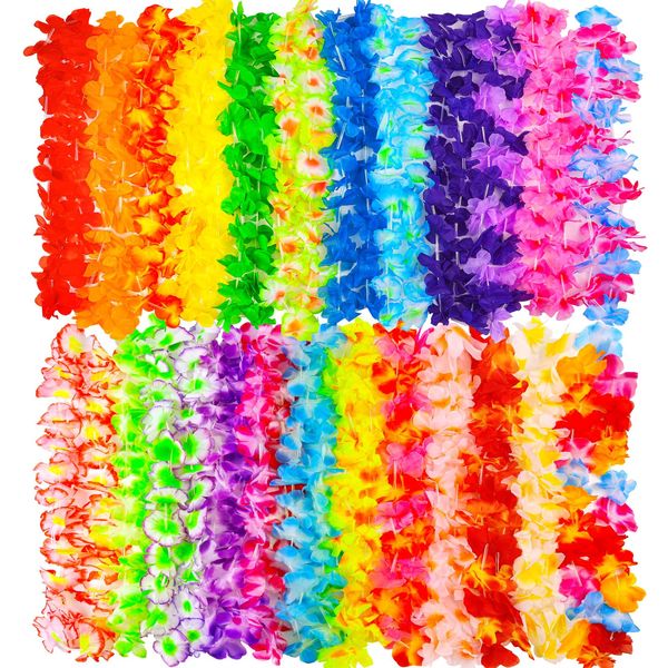 JMUQ 24 Count Hawaiian Leis, Luau Party Decorations Hawaii Silk Flower Lei Necklace,Tropical Party Favors for Beach Holiday Wedding Birthday Party, Aloha Summer Pool Party Supplies