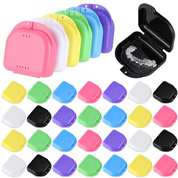 Youyole 32 Pieces Retainer Case with Vent Holes Mouth Guard Container Case Dental Storage Container Multicolor Dental Retainer Box, Yellow, Blue, Green, Pink, White, Purple, Black