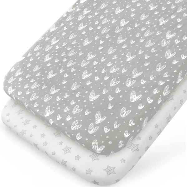 Bassinet Sheets Fit for Most Bedside Sleeper Bassinet & Bedside Crib Mattress, 2 Pack, 100% Jersey Knit Cotton Bassinet & Bedside Sleeper Sheets, Grey Hearts and White Stars Print for Baby