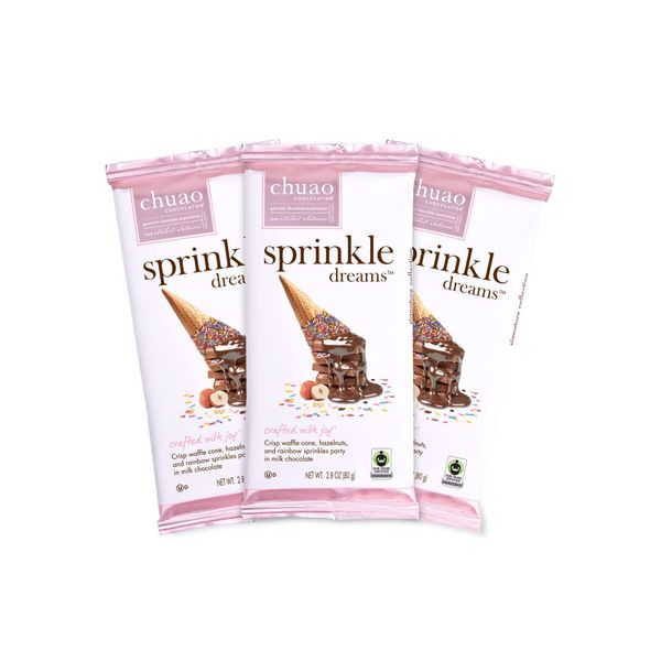 Chuao Chocolatier Sprinkle Dreams Milk Chocolate Bars | Gourmet Waffle Cone No Preservatives | For Gift Baskets, Thank You, Care Package | 3 Pack