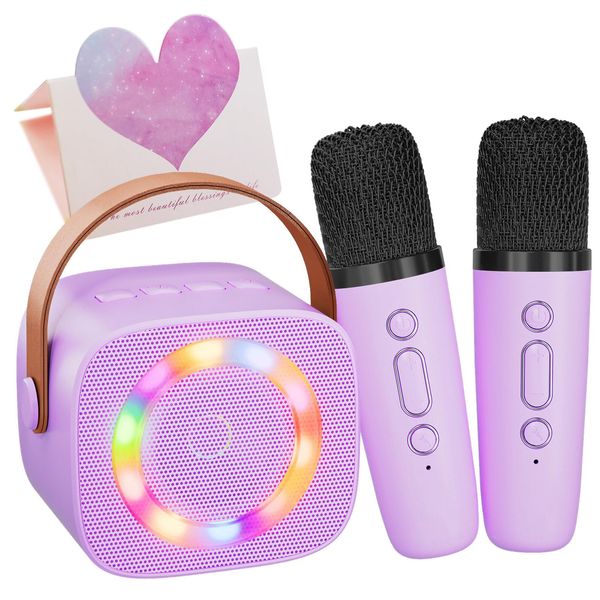 Karaoke Machine for Kids Adults, Mini Portable Bluetooth Speaker with 2 Wireless Microphone for Singing, Birthday Gifts Party Favors, Kids Toys for Ages 4, 5, 6, 7, 8, 9, 10+ Teens Girls Boys Purple