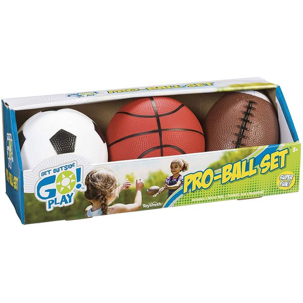 Toysmith Get Outside GO! Pro-Ball Set, Pack Of 3 (5-Inch soccer ball,6.5-Inch football And 5-Inch basketball), For Boys & Girls Ages 3+